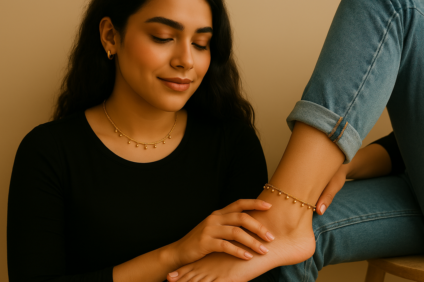Duo collier & chevillère – Fines chaînes à petits poids dorés