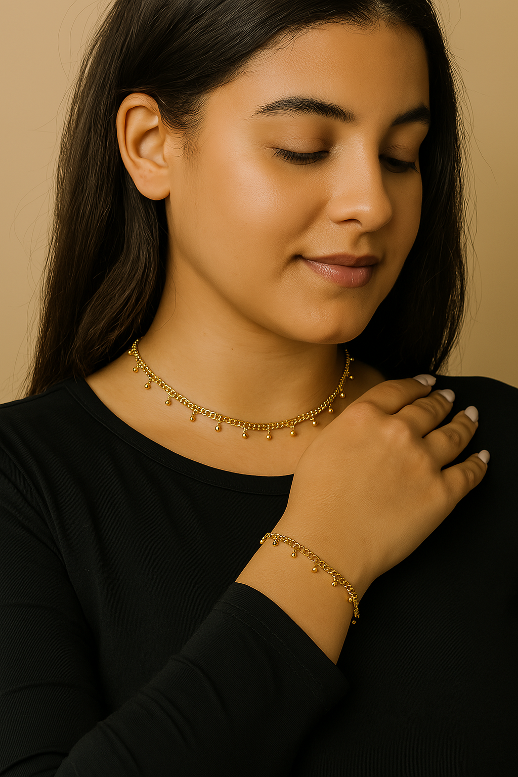 Duo collier & chevillère – Fines chaînes à petits poids dorés
