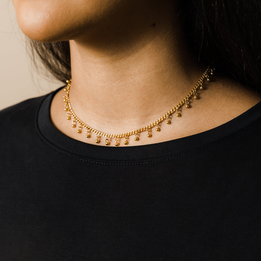 Duo collier & chevillère – Fines chaînes à petits poids dorés