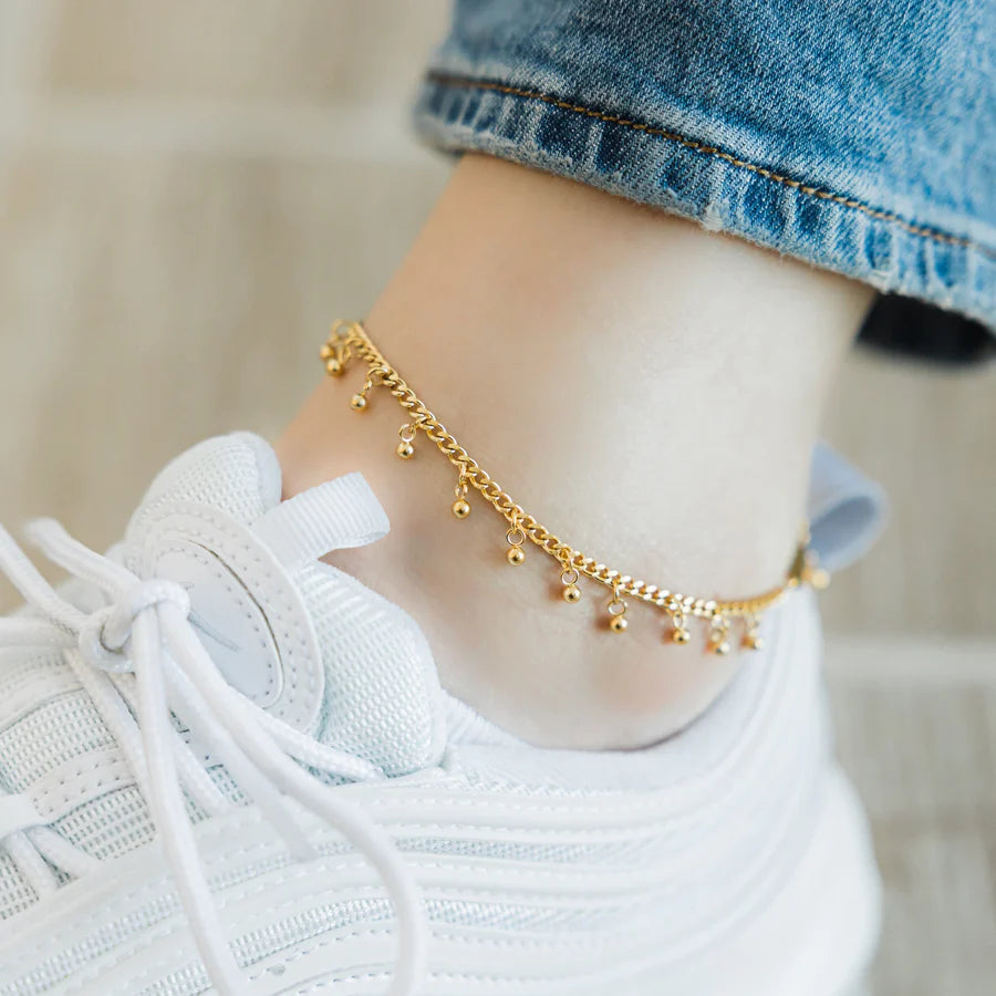 Duo collier & chevillère – Fines chaînes à petits poids dorés