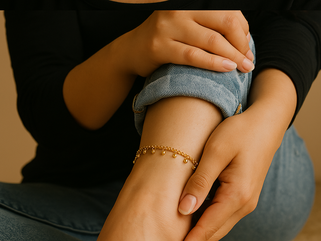 Duo collier & chevillère – Fines chaînes à petits poids dorés