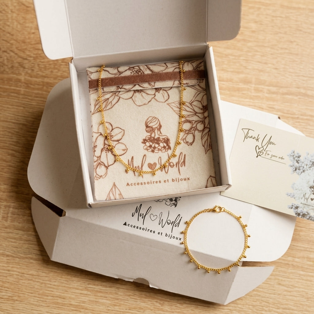 Duo collier & chevillère – Fines chaînes à petits poids dorés