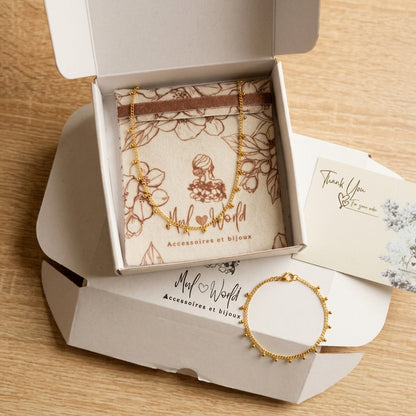 Duo collier & chevillère – Fines chaînes à petits poids dorés