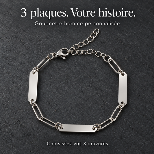 Argenté – Homme — bracelet personnalisé à trois plaques